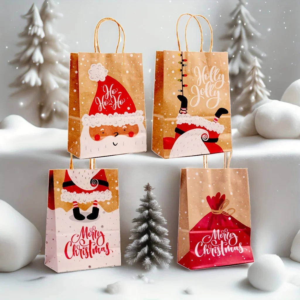 Kraft Paper Tote Bags with Handles - Assorted Holiday Designs