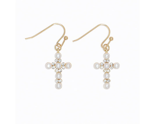 Pearl And Crystal Cross Earrings