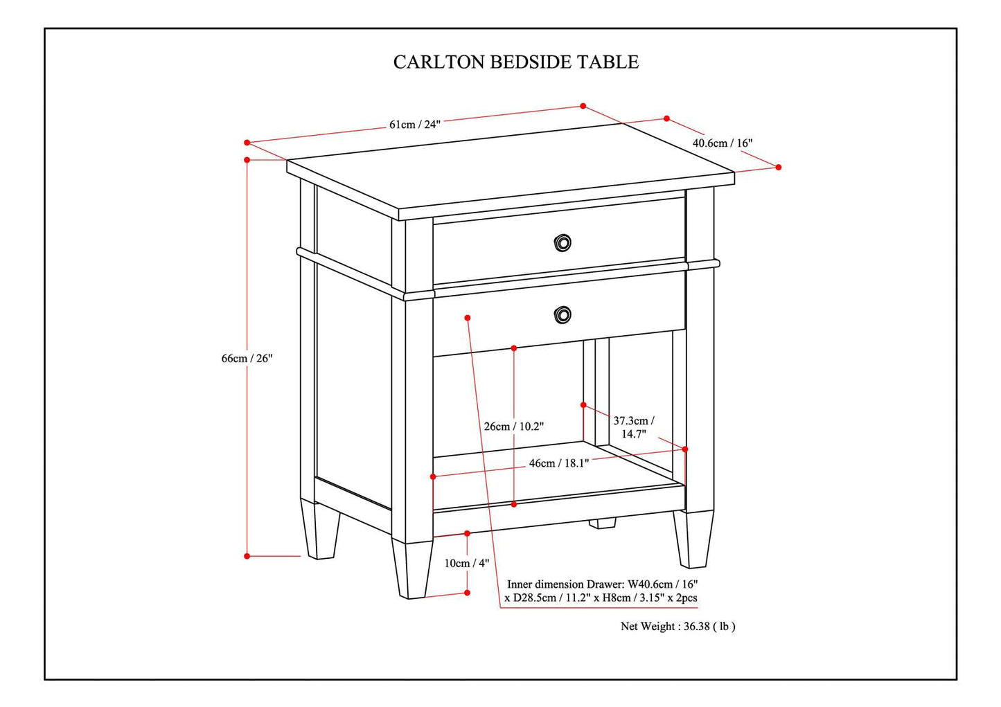 Carlton 24 Inch Wide Solid Wood Bedside Table in Rustic