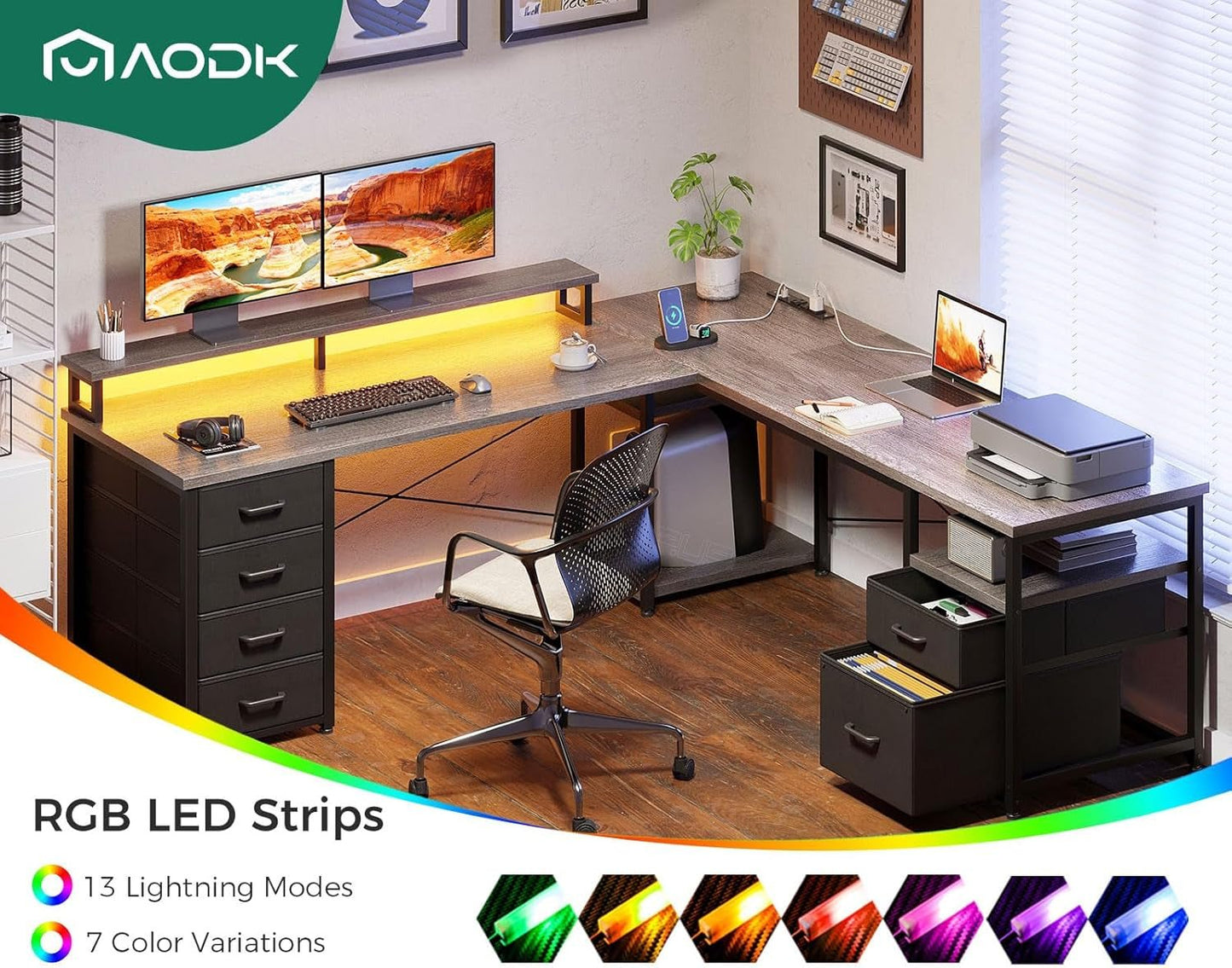 L Shaped Computer Desk with File Cabinet and LED Light