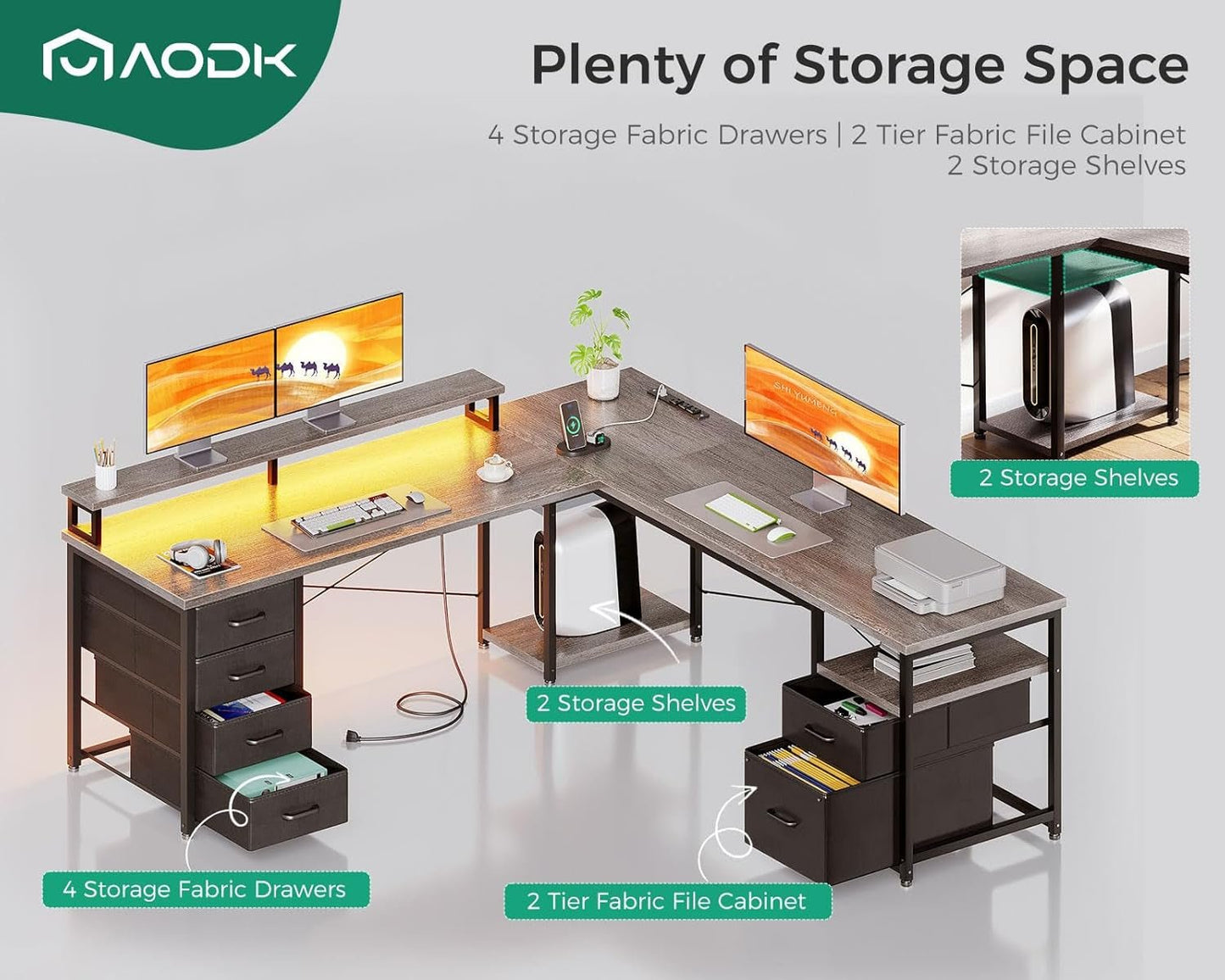 L Shaped Computer Desk with File Cabinet and LED Light