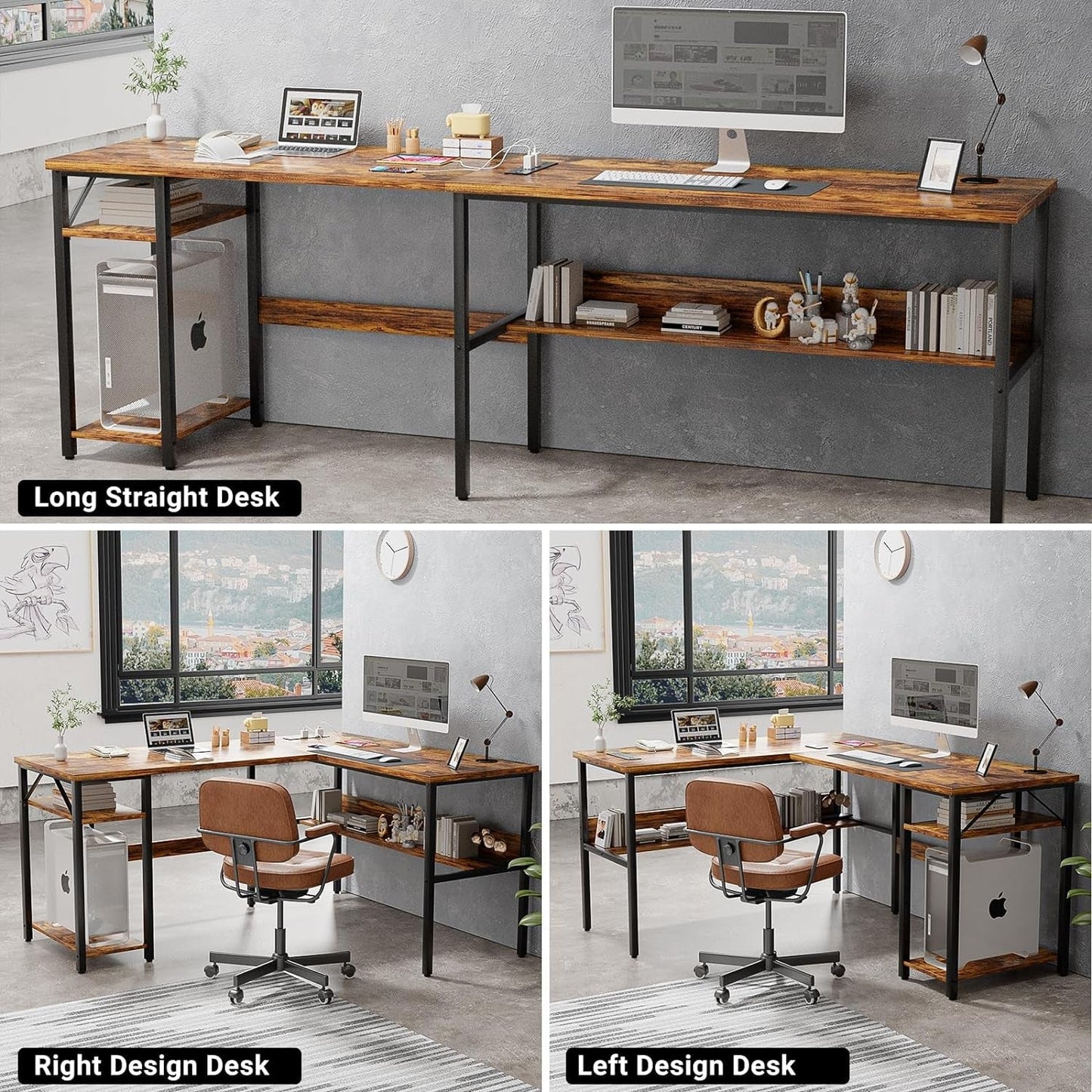 L Shaped Computer Desk With USB Ports And Power Outlets Rustic Brown