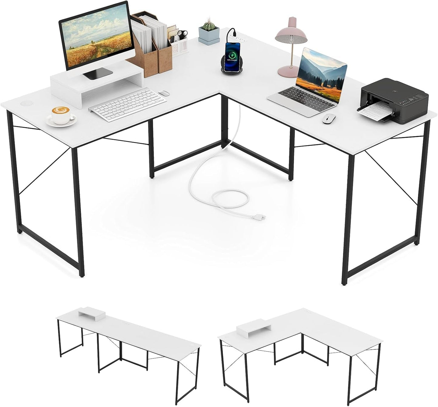L Shaped Computer Desk With USB Ports And Monitor Shelf 95 Inch Two Person