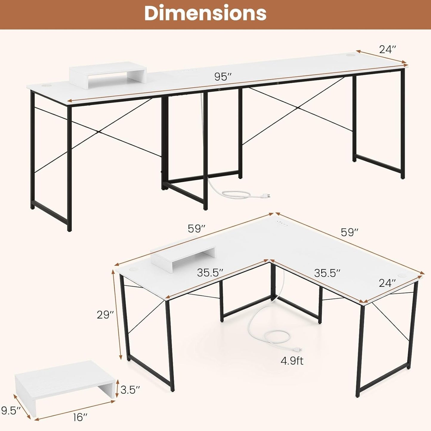 L Shaped Computer Desk With USB Ports And Monitor Shelf 95 Inch Two Person