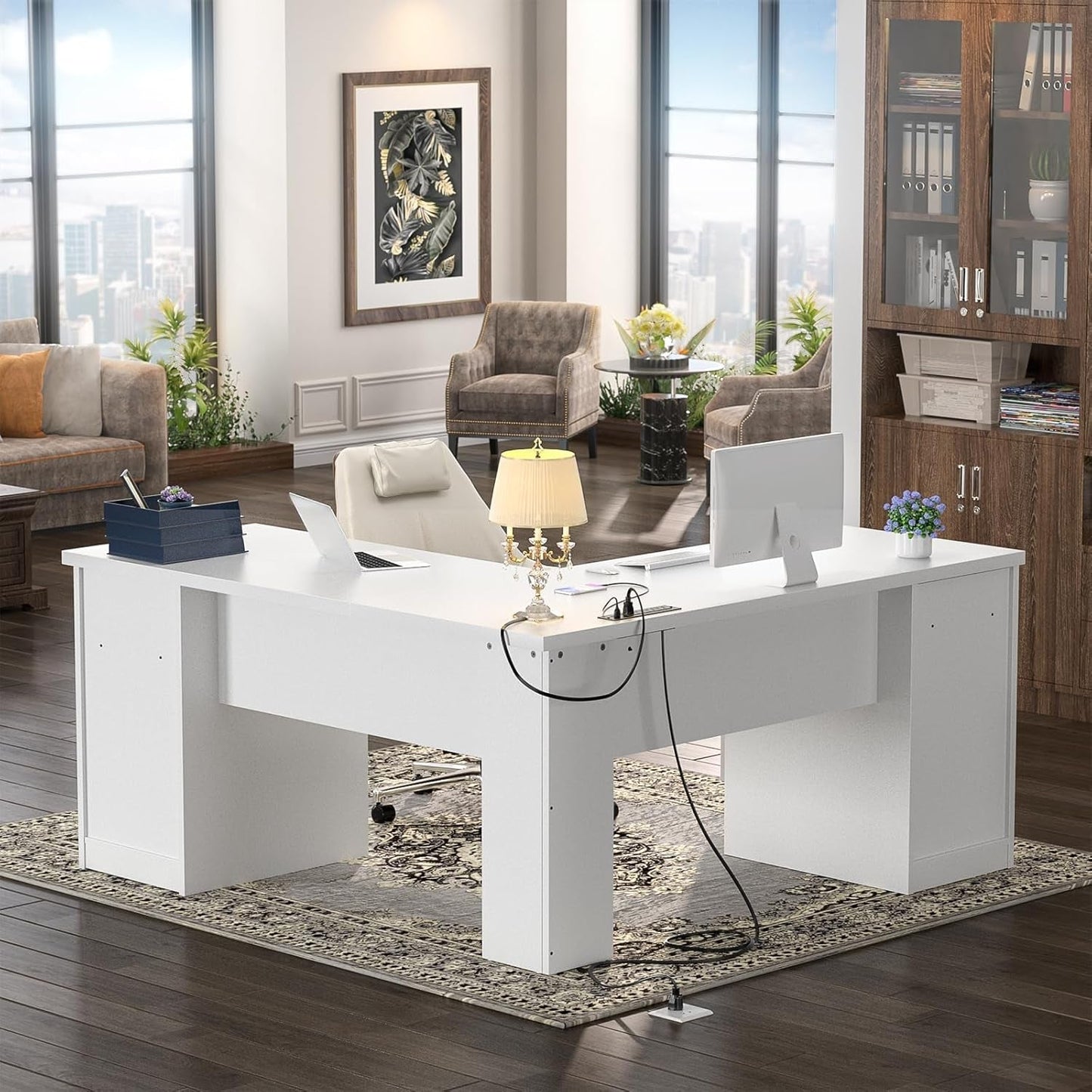 L Shaped Computer Desk with Power Outlets and USB Ports