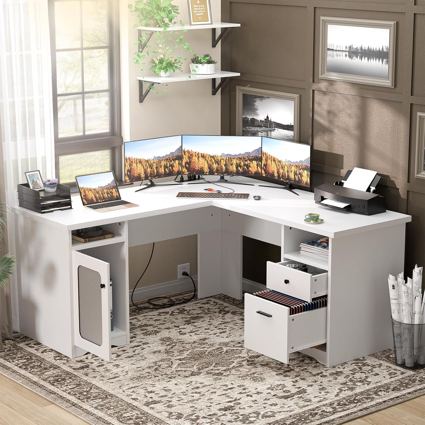 L Shaped Computer Desk with Power Outlets and USB Ports