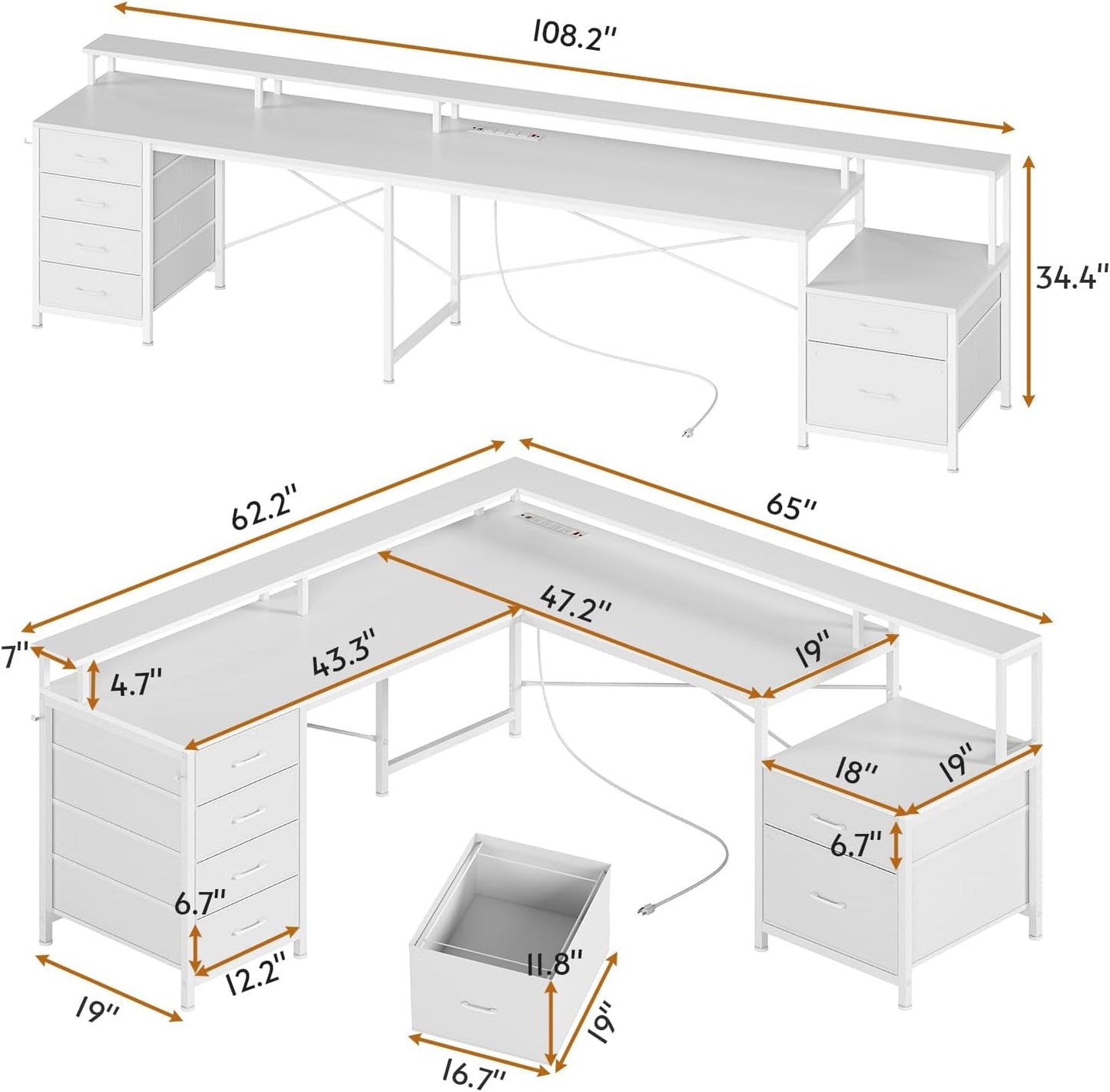 L Shaped Desk 108 Inch White Two Person Corner Computer Desk
