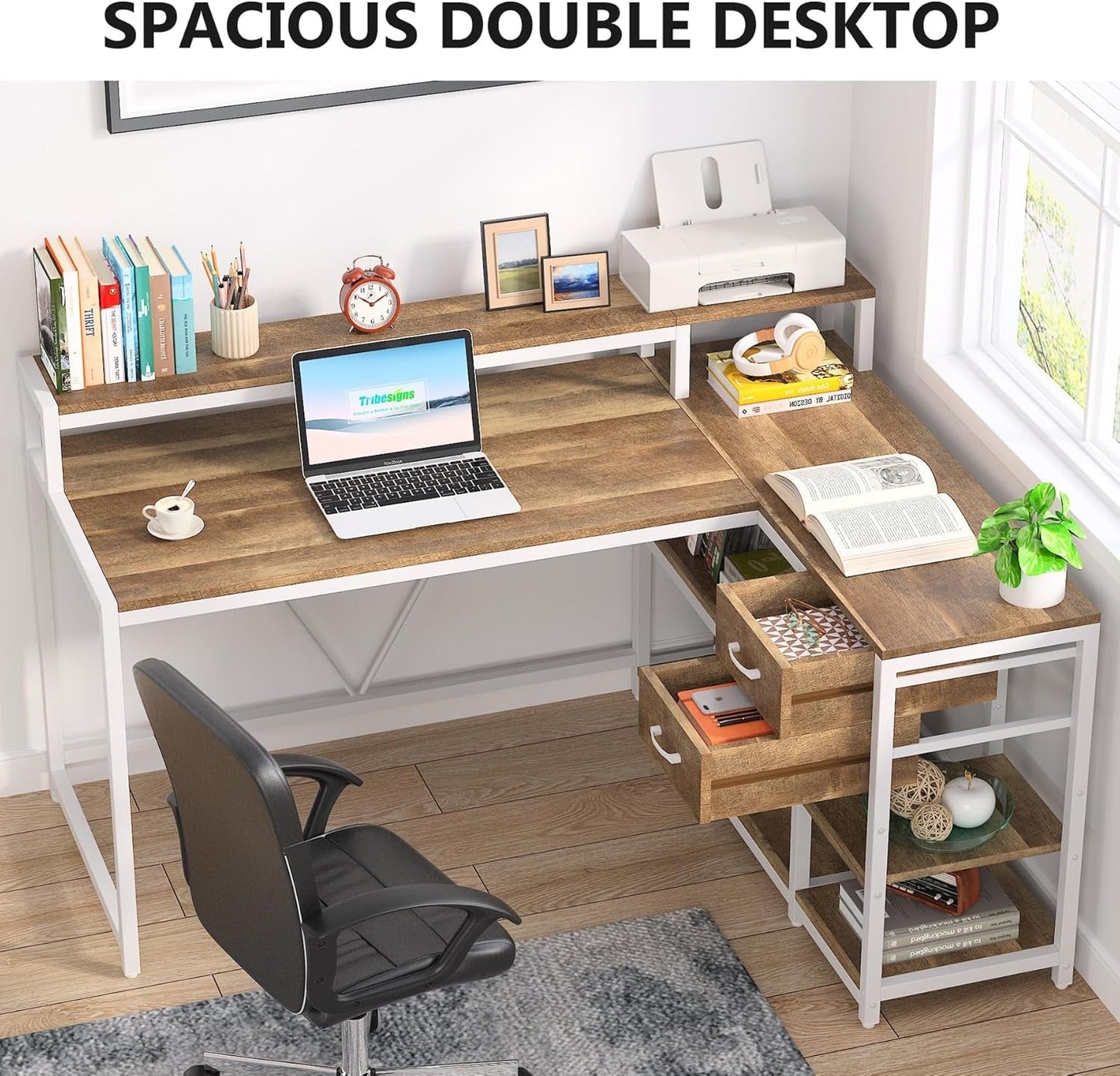 L Shaped Desk With Drawers And Monitor Stand Beige Wood