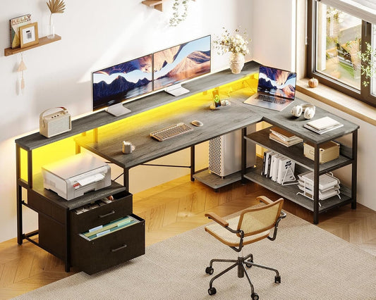 Grey Oak 75 Inch L Shaped Desk With Power Outlet And LED Lighting