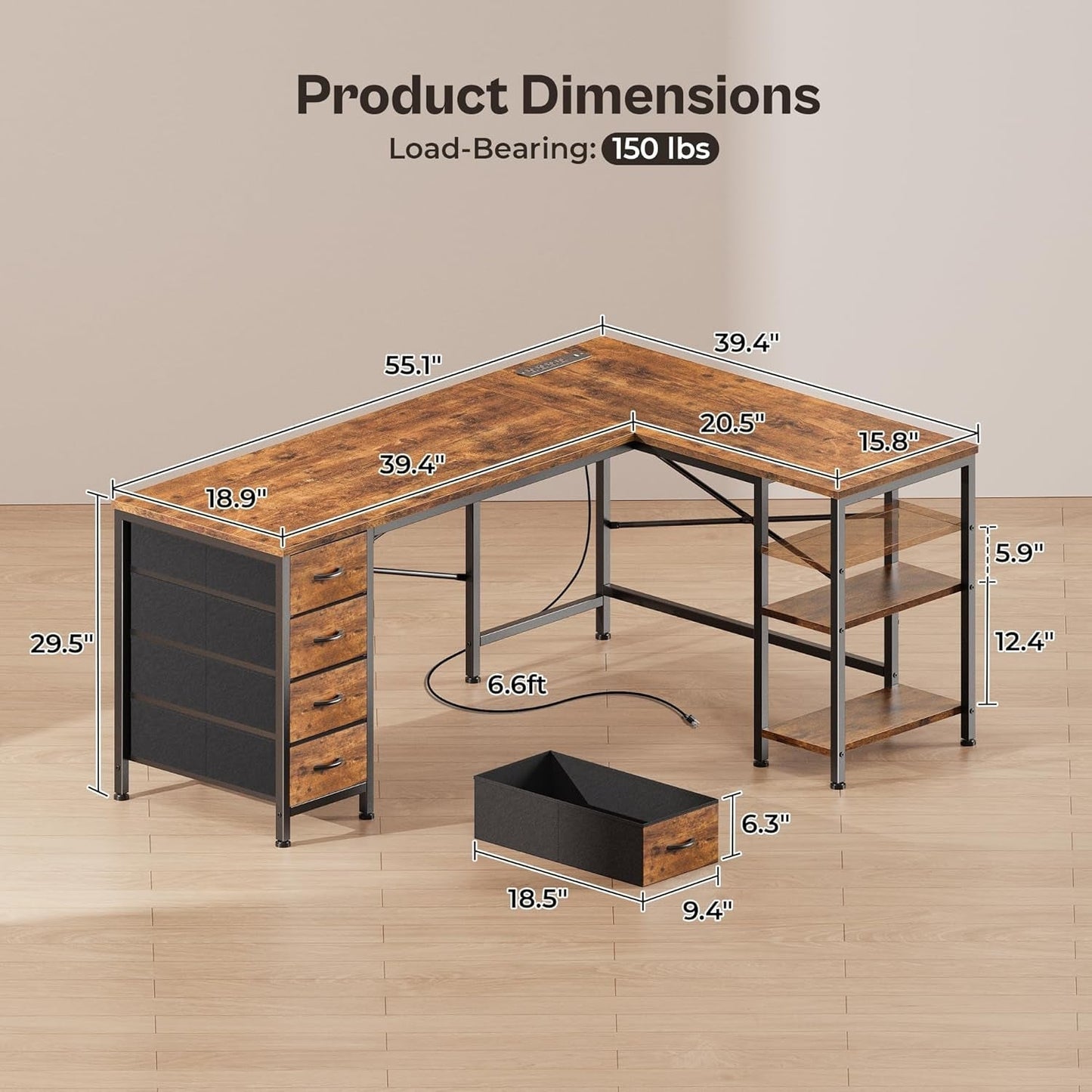 L Shaped Desk with Power Outlets and USB Port