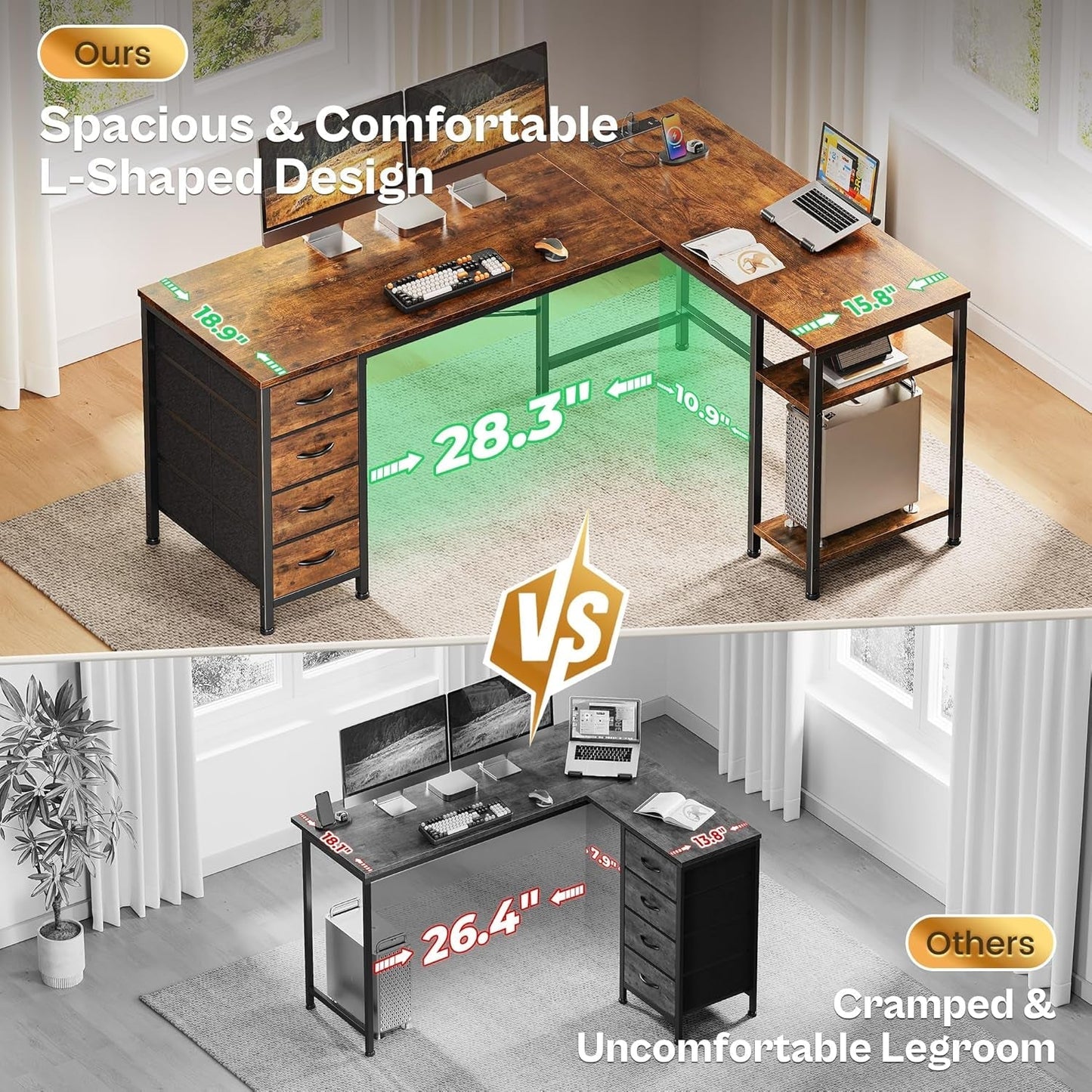 L Shaped Desk with Power Outlets and USB Port