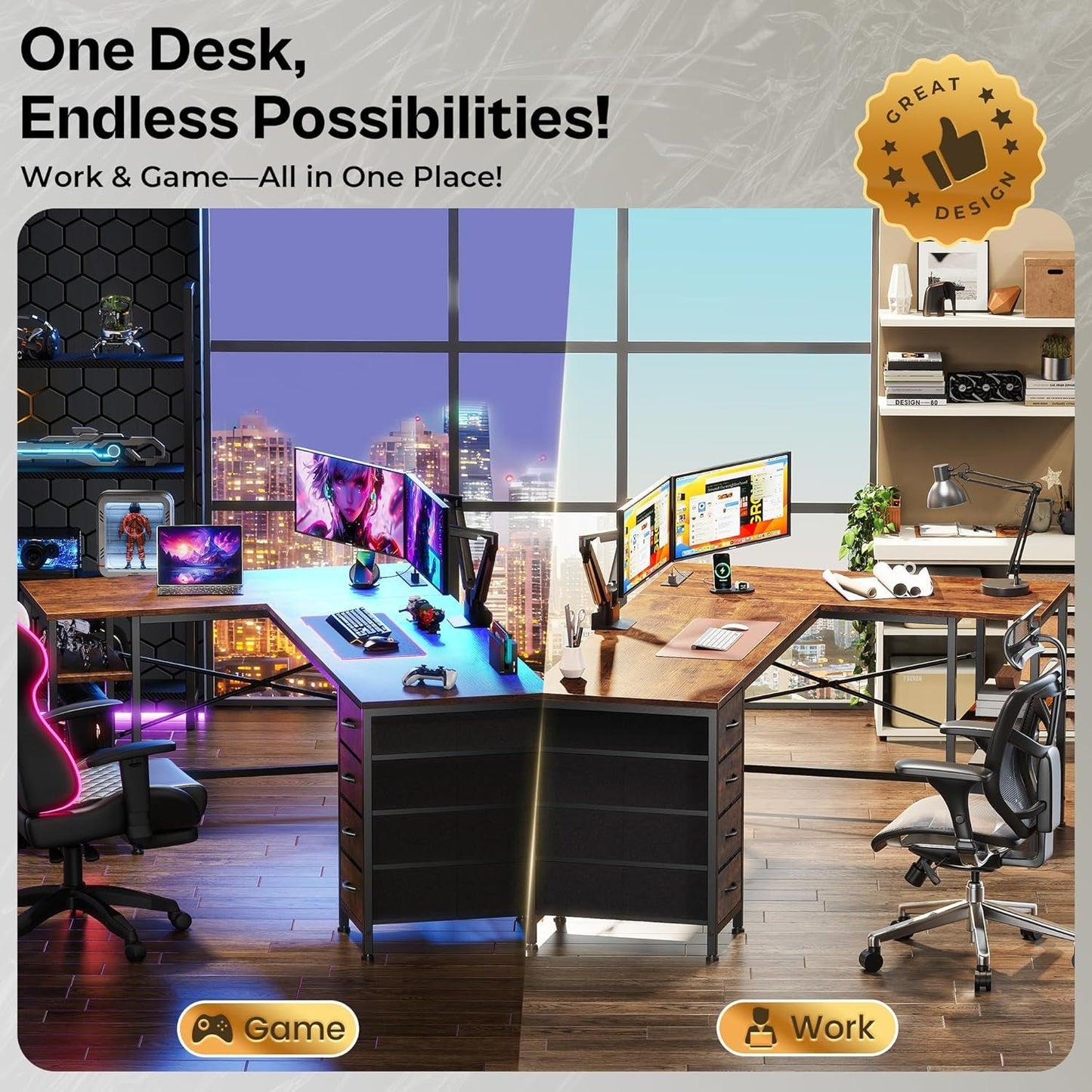 L Shaped Desk with Power Outlets and USB Port