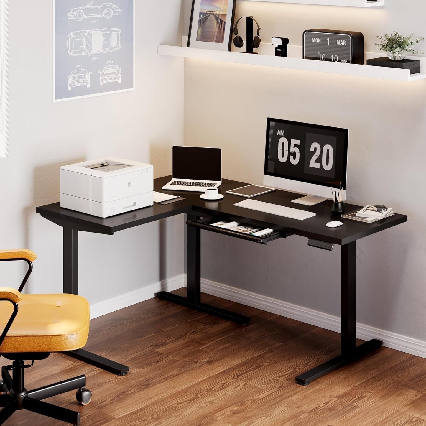 L Shaped Electric Height Adjustable Desk with Drawer