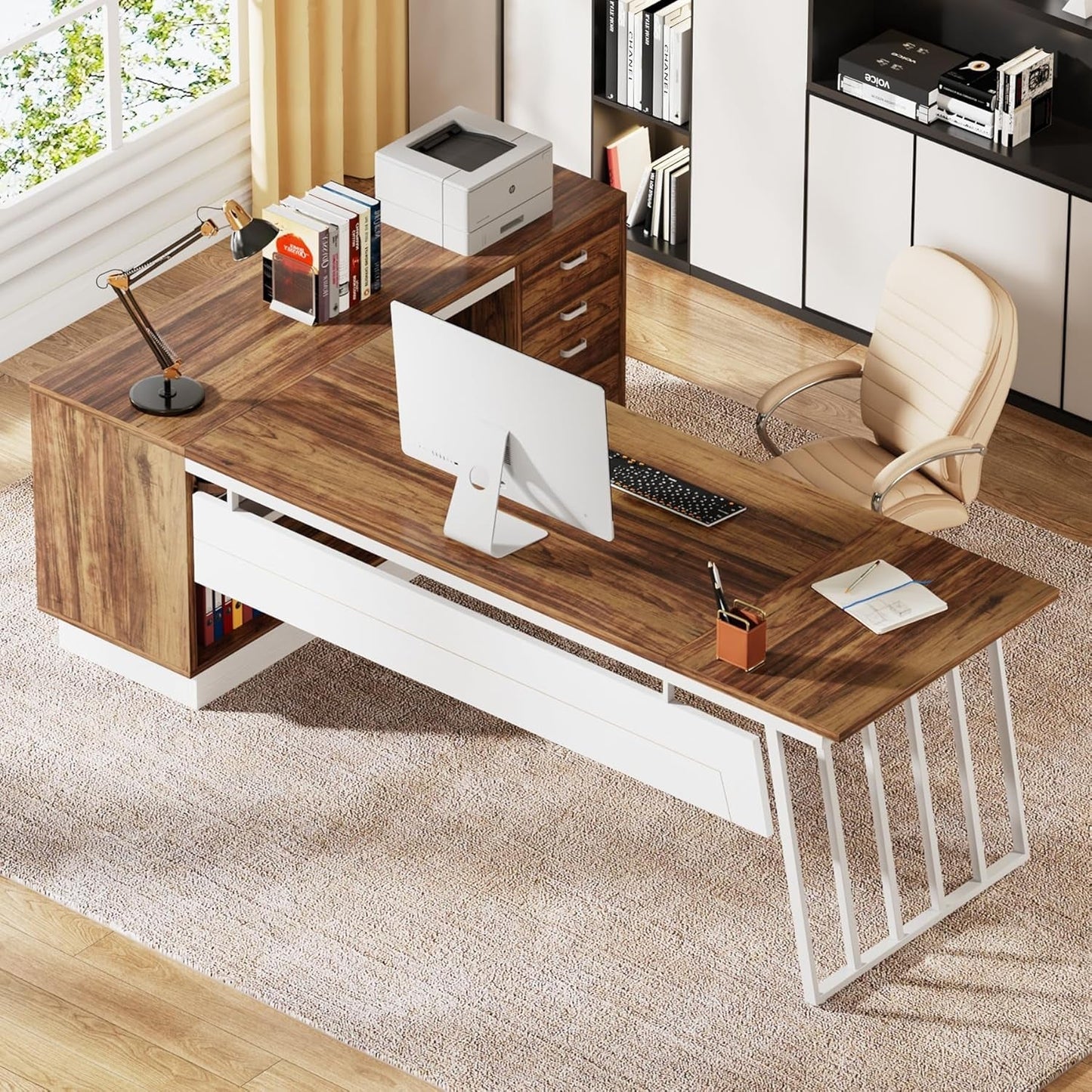 L-Shaped Executive Desk with Storage Drawers and Shelves