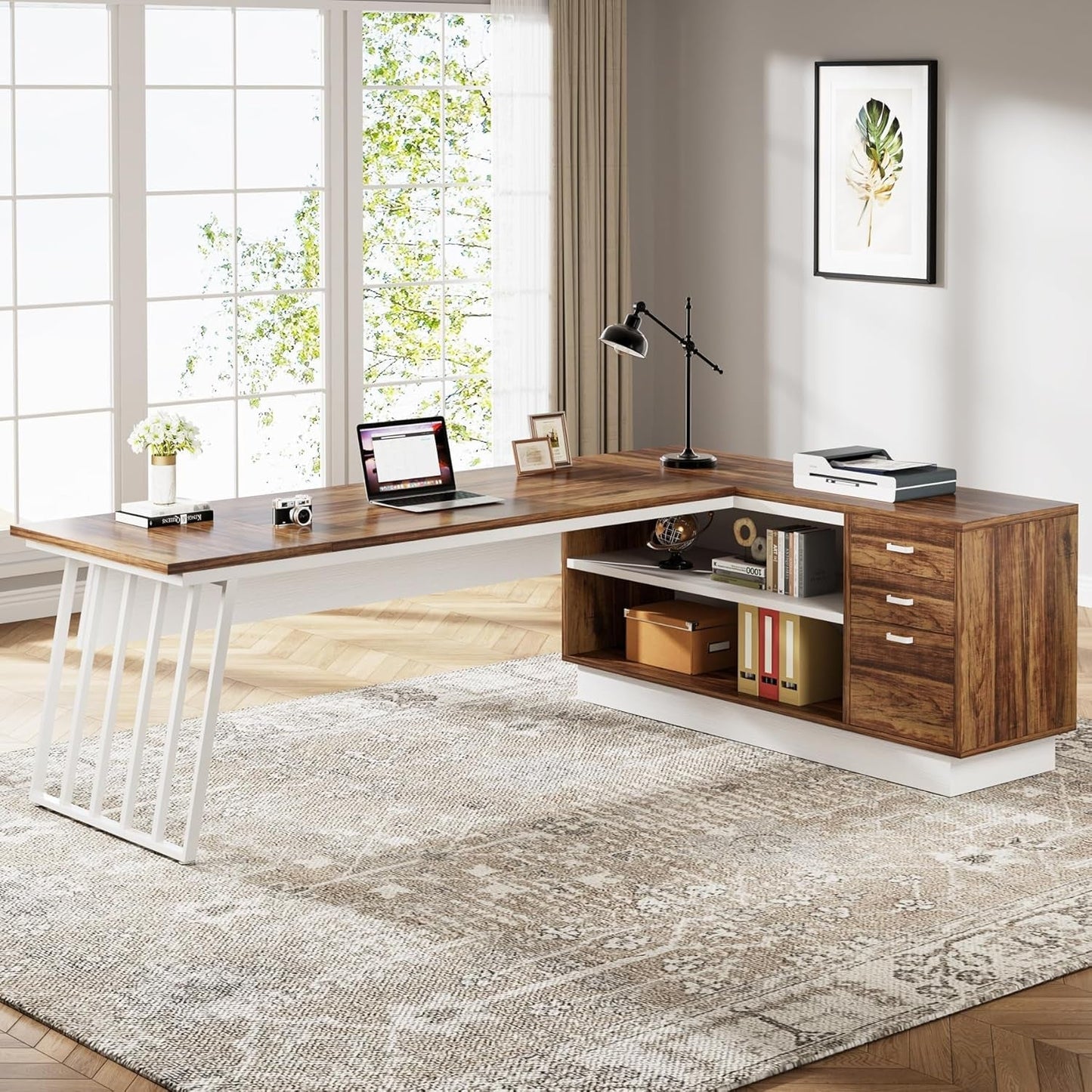 L-Shaped Executive Desk with Storage Drawers and Shelves