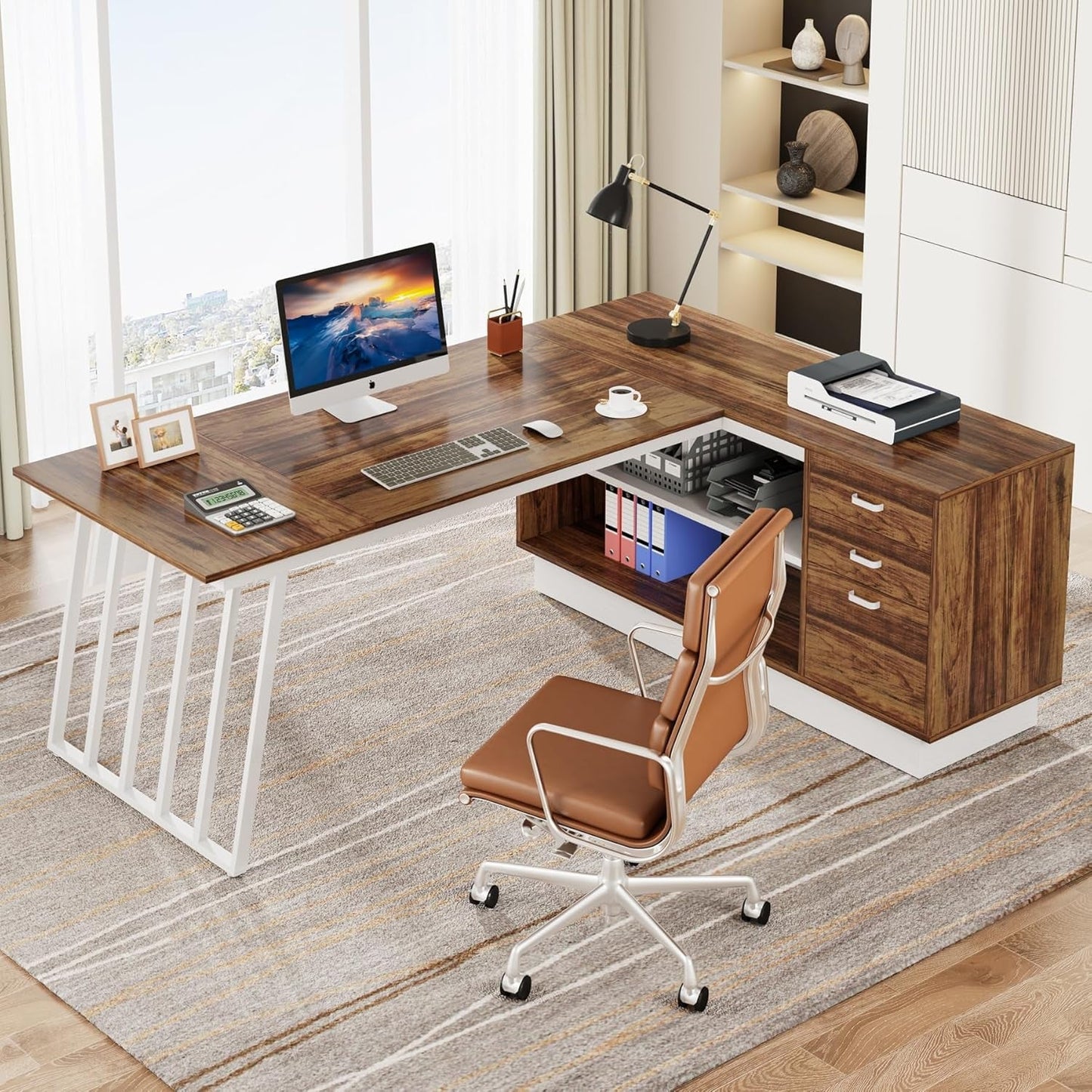 L-Shaped Executive Desk with Storage Drawers and Shelves