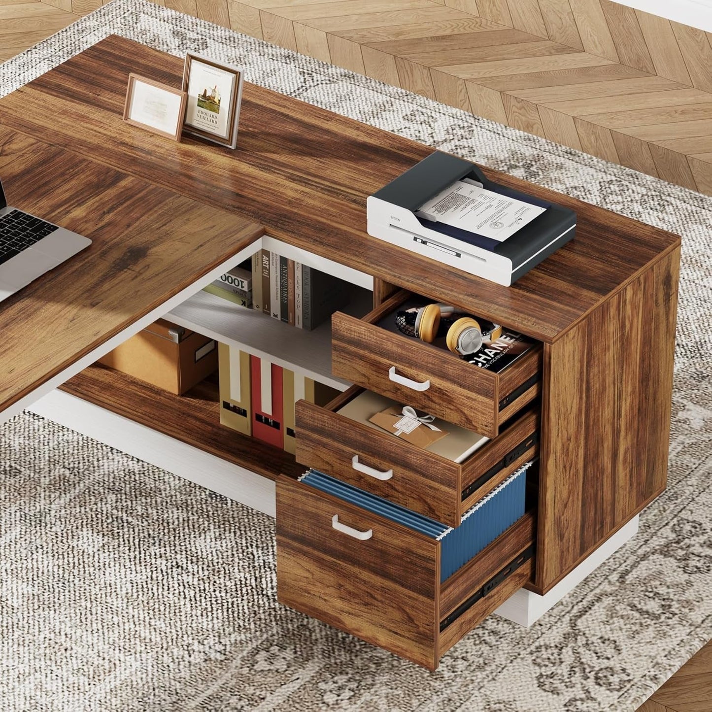 L-Shaped Executive Desk with Storage Drawers and Shelves