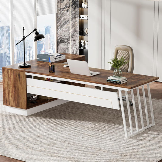 L-Shaped Executive Desk with Storage Drawers and Shelves