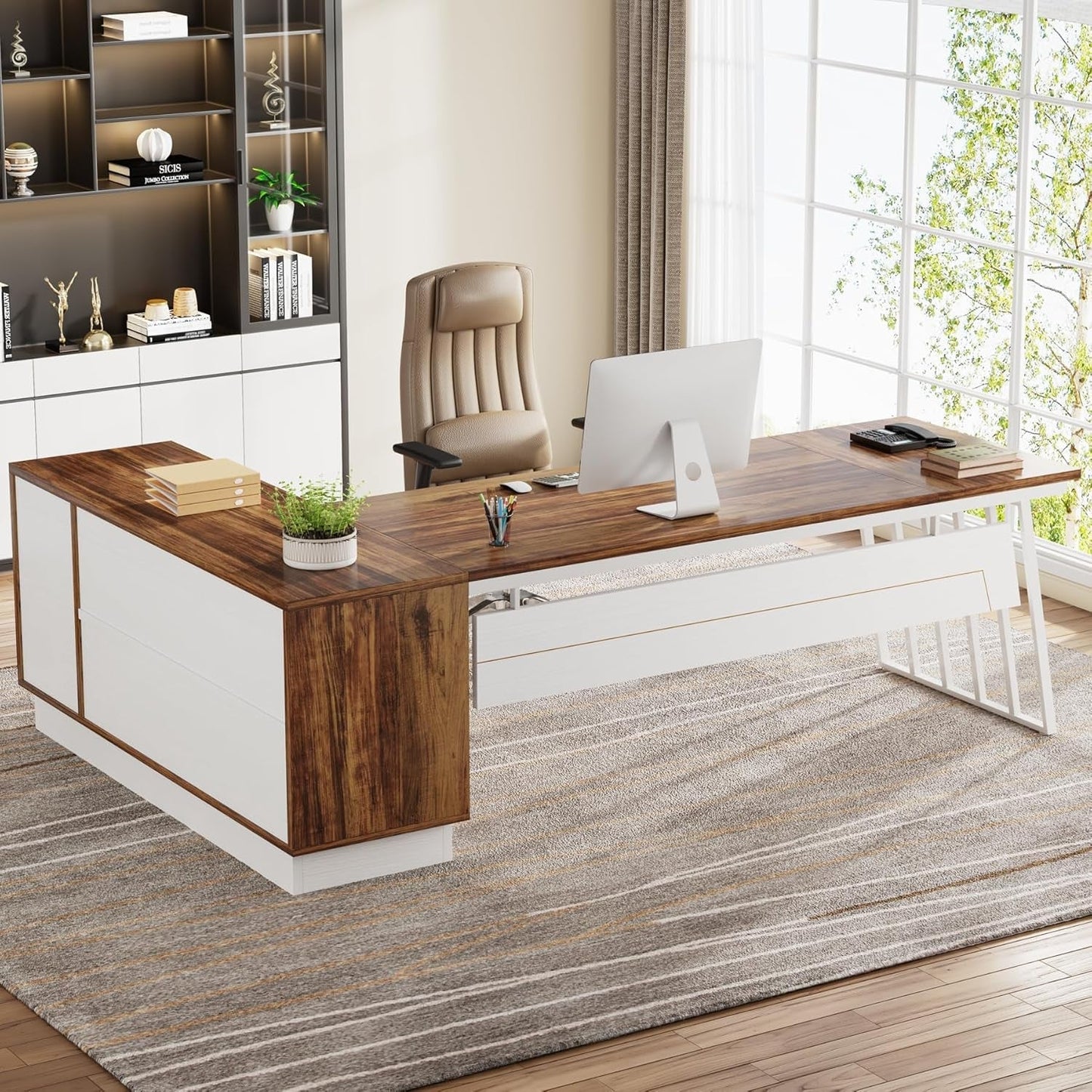 L-Shaped Executive Desk with Storage Drawers and Shelves