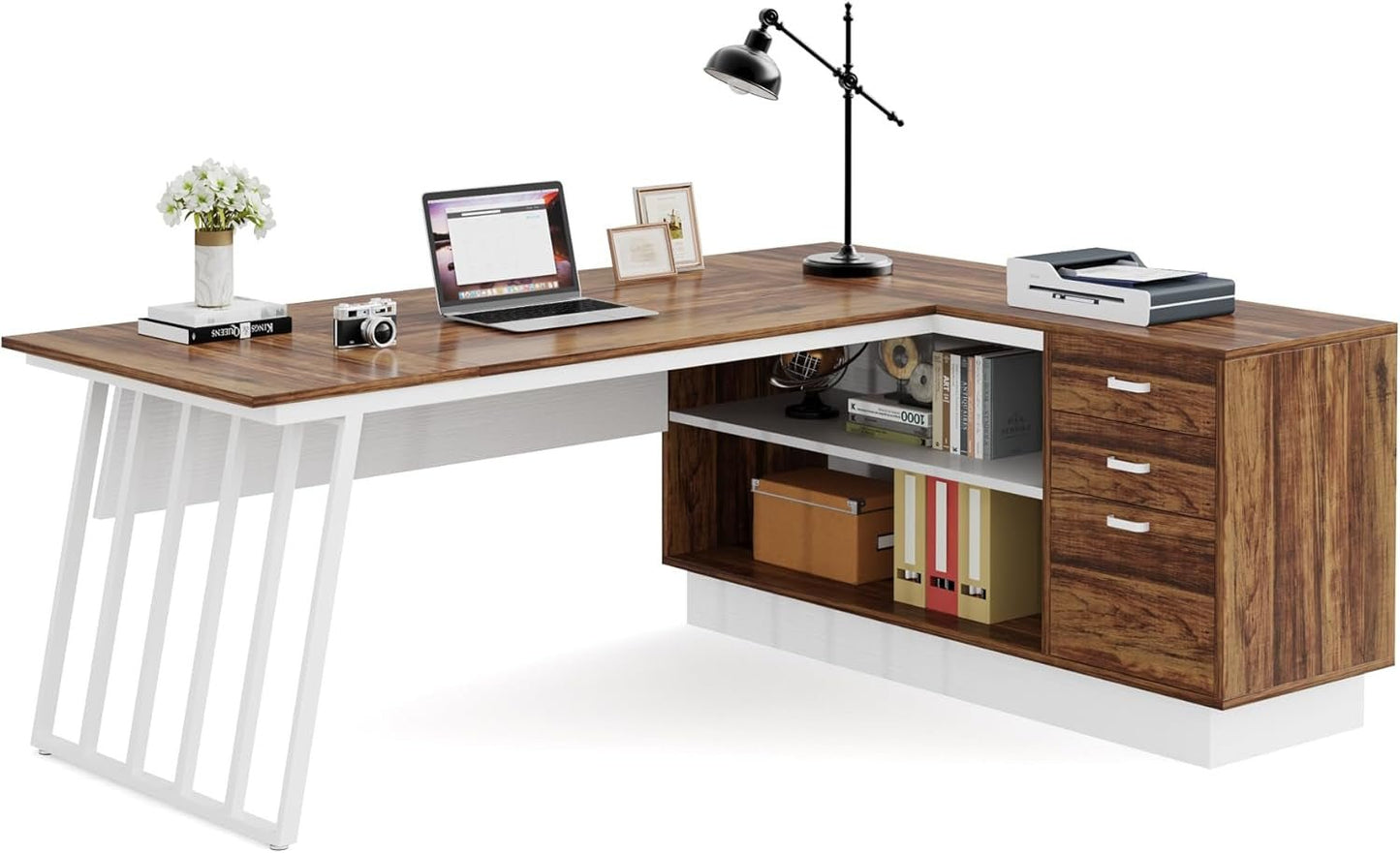 L-Shaped Executive Desk with Storage Drawers and Shelves
