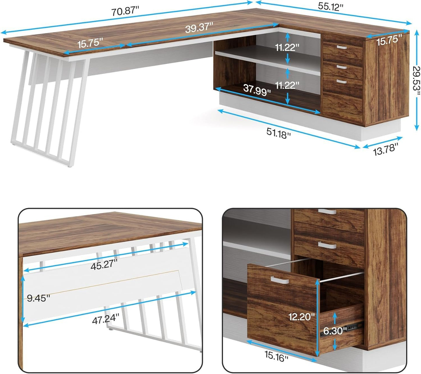 L-Shaped Executive Desk with Storage Drawers and Shelves