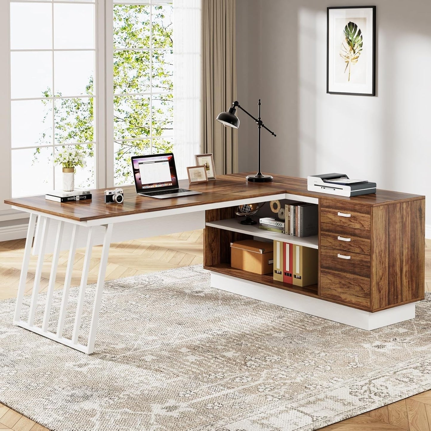 L-Shaped Executive Desk with Storage Drawers and Shelves