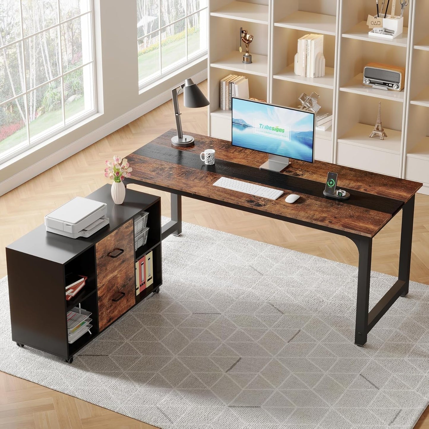 L-Shaped Executive Office Desk With Spacious File Cabinet
