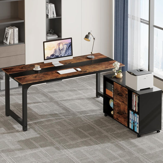 L-Shaped Executive Office Desk With Spacious File Cabinet