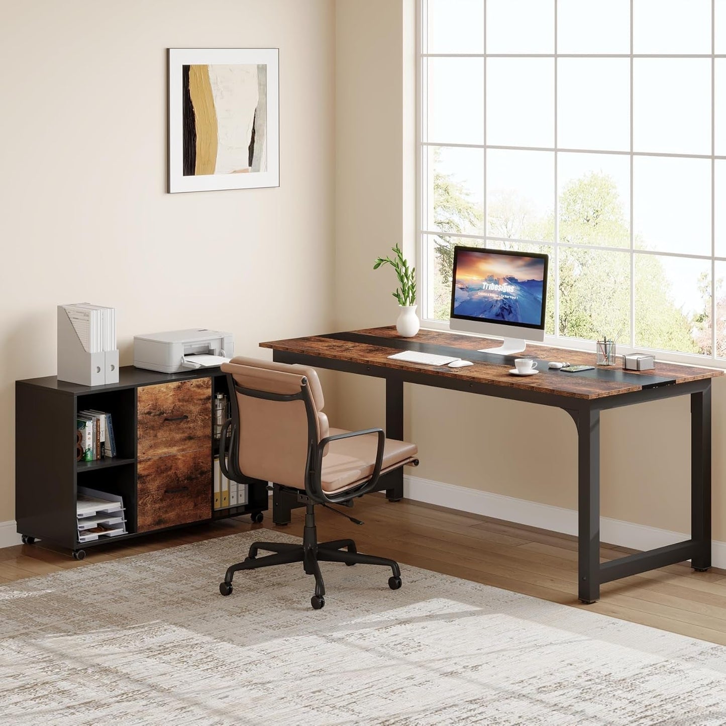 L-Shaped Executive Office Desk With Spacious File Cabinet