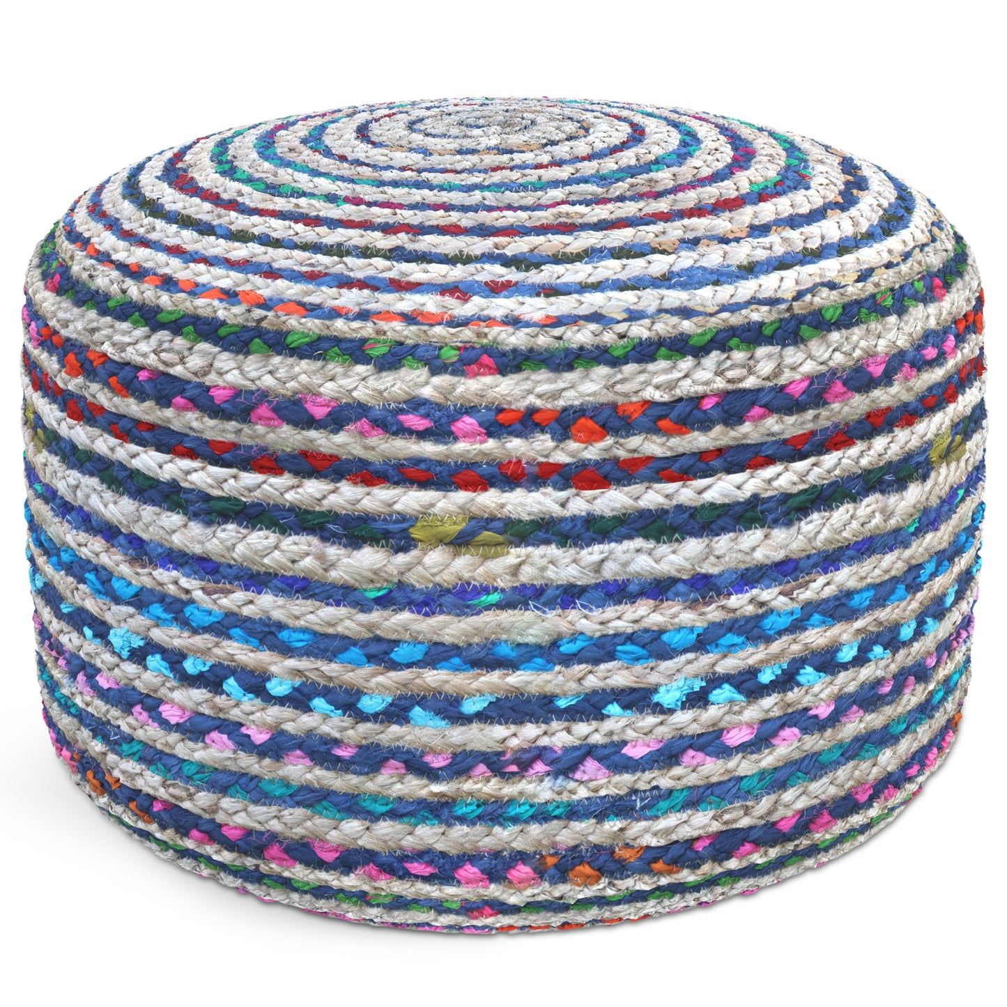 Margo 20 Inch Wide Round Pouf in Multi-Blue Handwoven Jute and Cotton