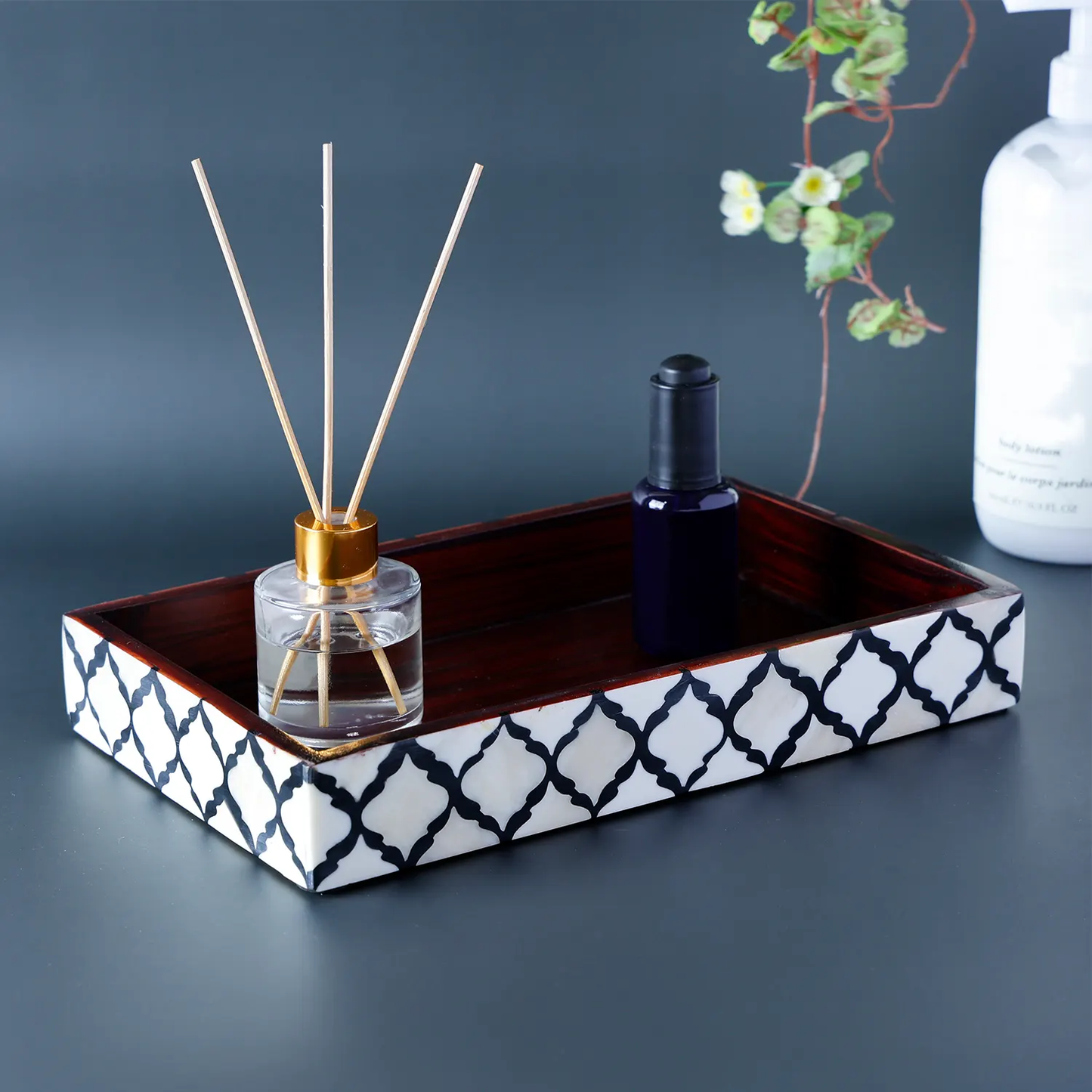 Vanity Trays Moroccan Pattern Bone & Resin inlay, Black & White, 10" x 6"