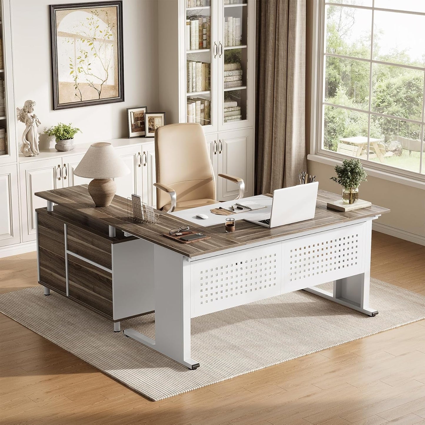 63 Inch L Shaped Computer Desk With File Cabinet For Home Office