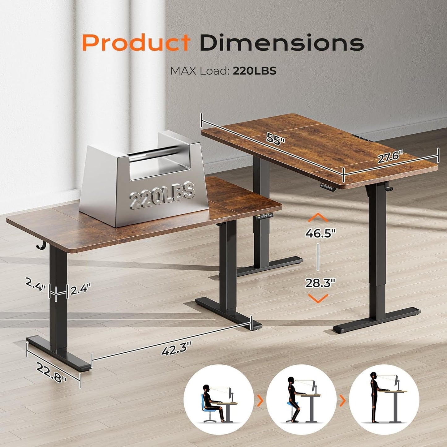Large Electric Standing Desk Adjustable Height with Hooks