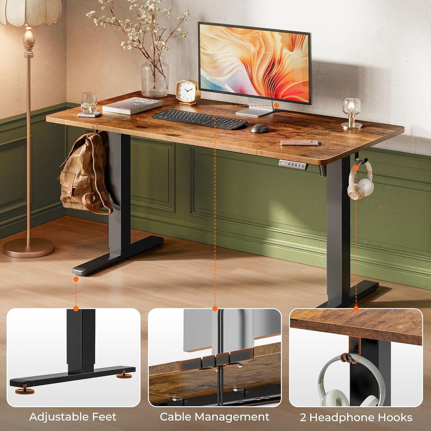 Large Electric Standing Desk Adjustable Height with Hooks