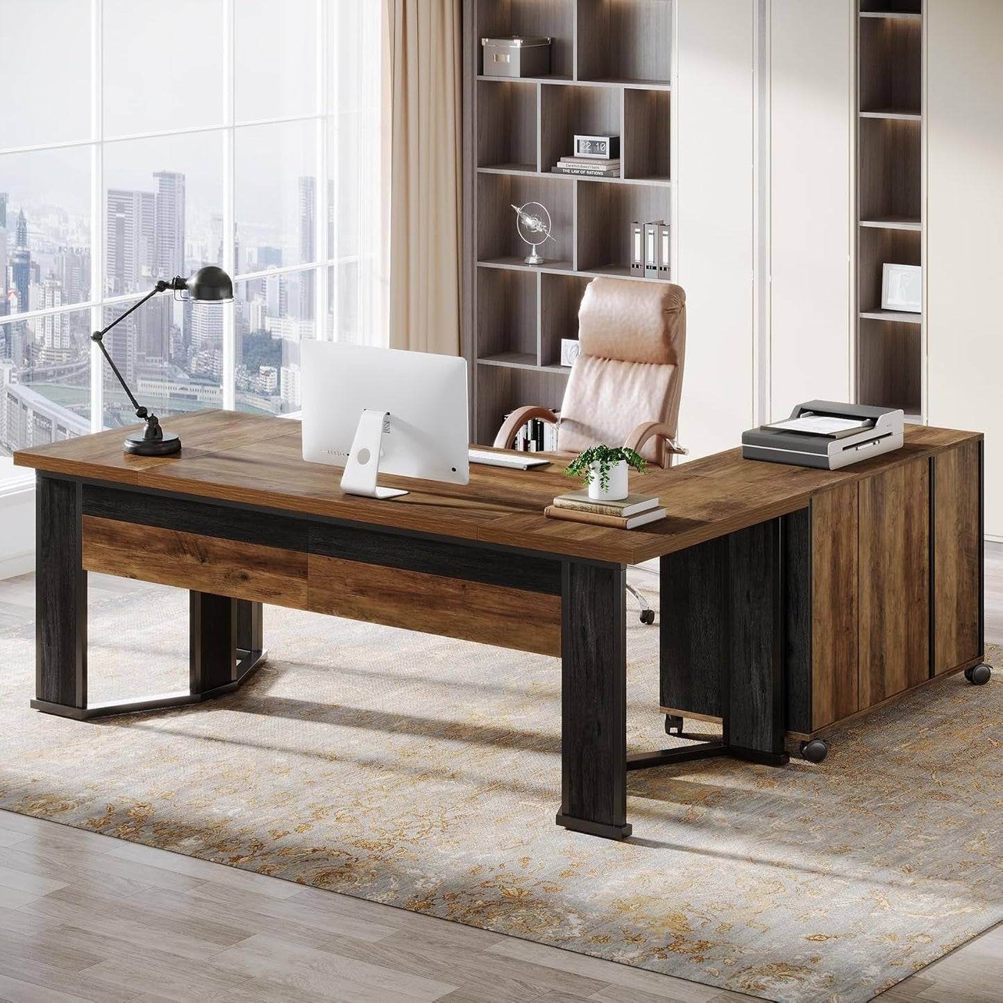 Large L Shaped Executive Desk with Mobile File Cabinet