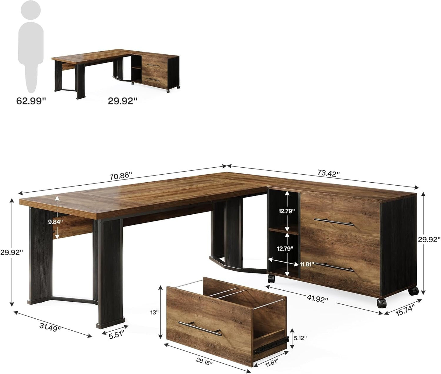 Large L Shaped Executive Desk with Mobile File Cabinet