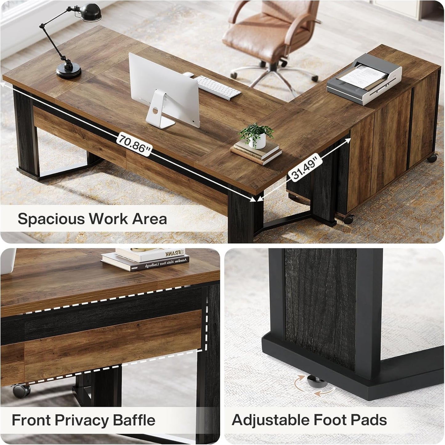 Large L Shaped Executive Desk with Mobile File Cabinet