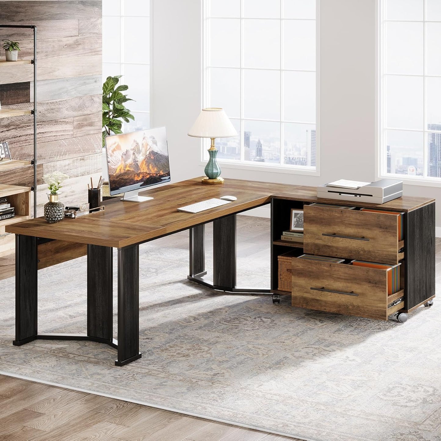 Large L Shaped Executive Desk with Mobile File Cabinet