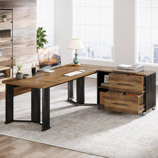 Large L Shaped Executive Desk with Mobile File Cabinet