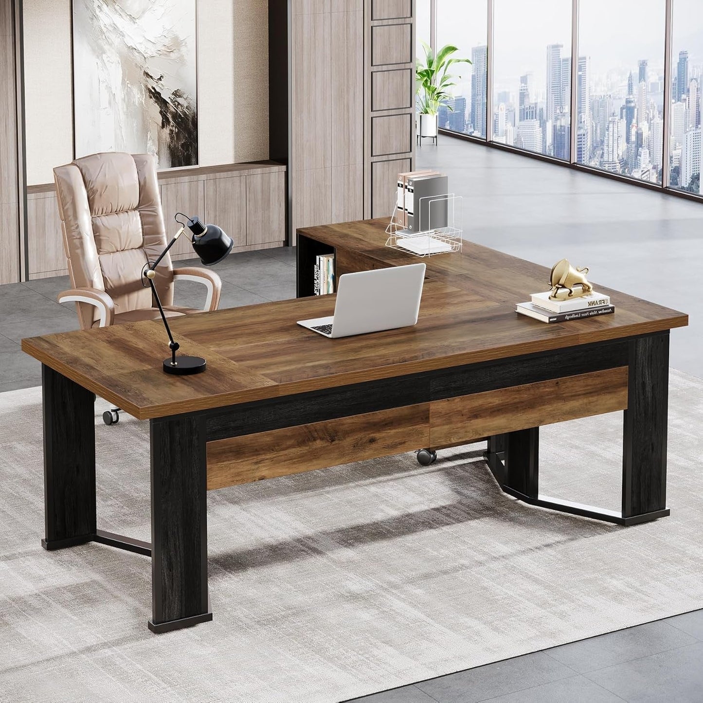 Large L Shaped Executive Desk with Mobile File Cabinet