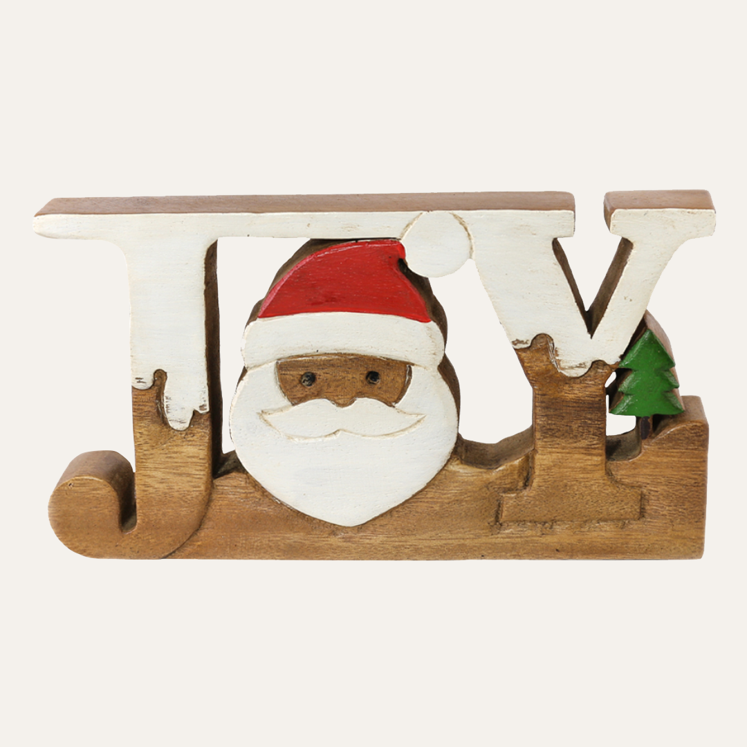 Handmade Wooden Sculpture – Joy Wood Sign | Solid Acacia Wood Decor Accent