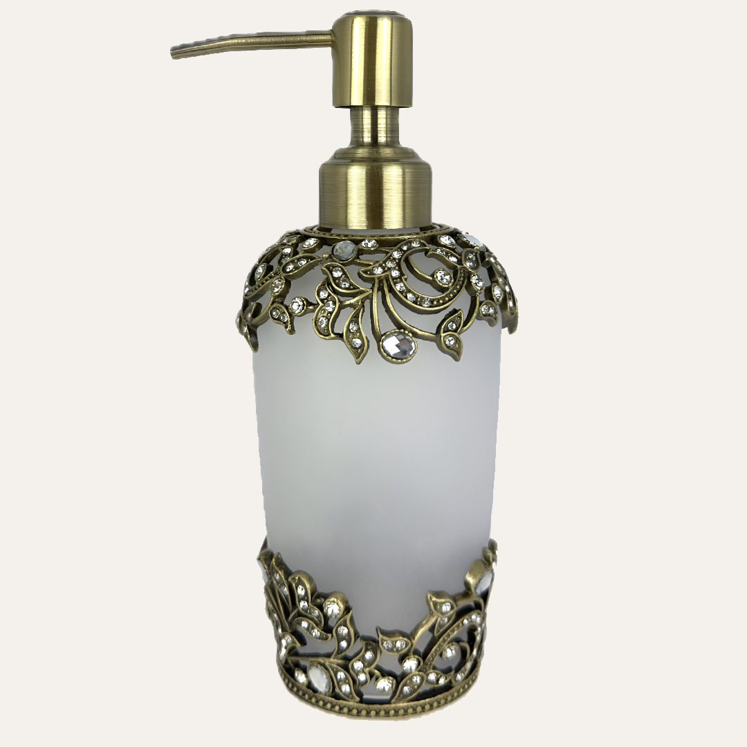 Soap Dispenser - Frosted Glass Bathroom Decor Item With Pewter Finish & Rhinestone Embellished