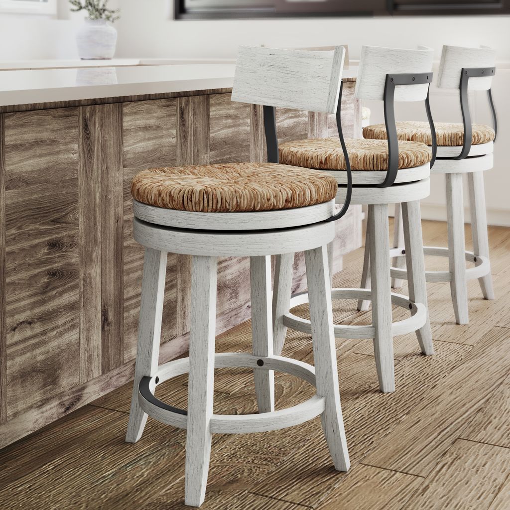 Eden Stool with Seagrass Seat in Reclaimed White, showcasing a stylish modern farmhouse design.