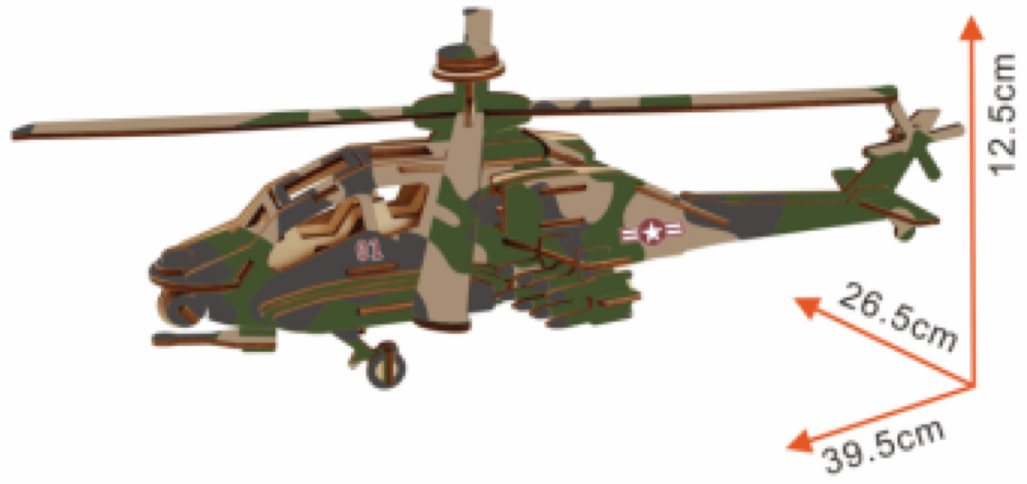Apache Helicopter Model Kit - Wooden Laser-Cut 3D Puzzle (82 Pcs)