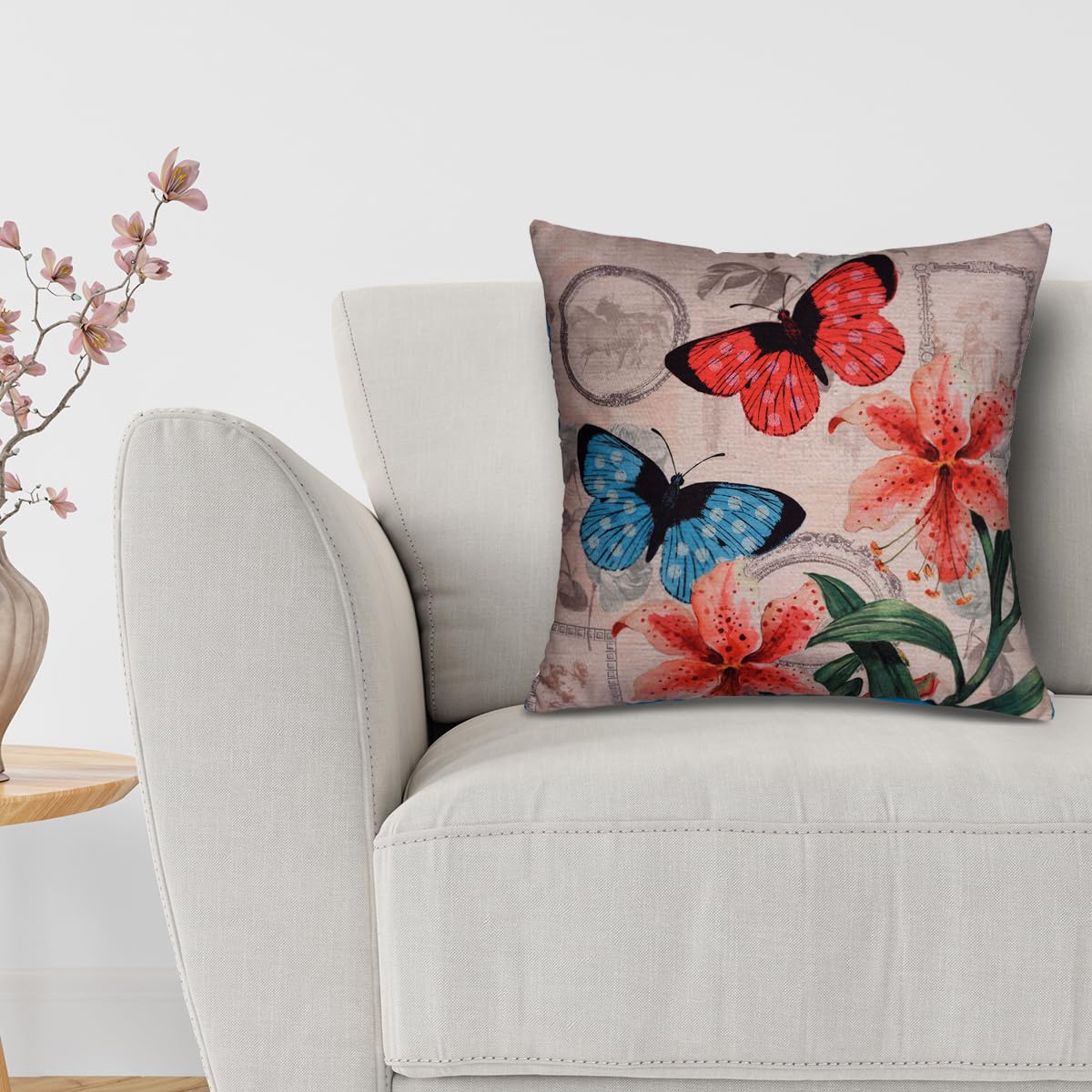 Butterflies Throw Pillow Covers - 22x22 Inch Decorative Printed Cushion Covers