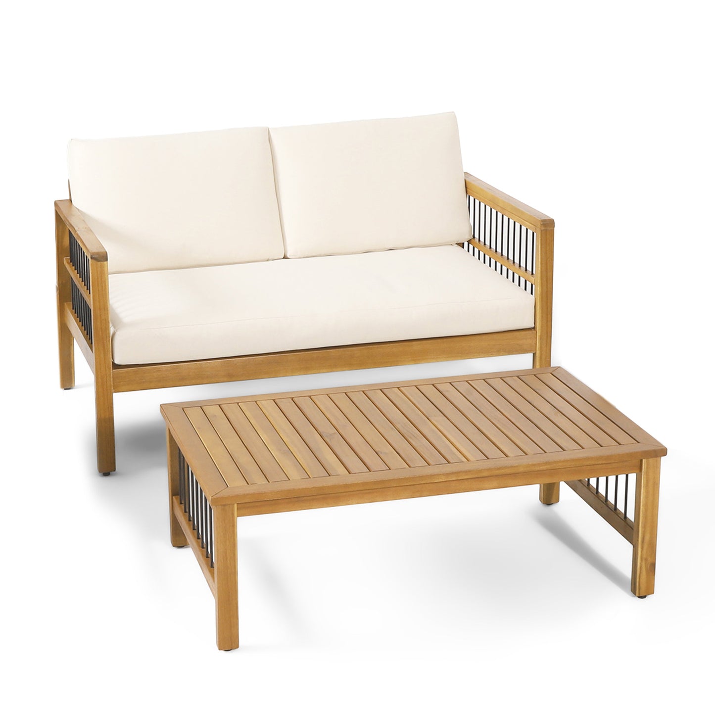 Outdoor Acacia Wood and Iron Loveseat and Coffee Table Set