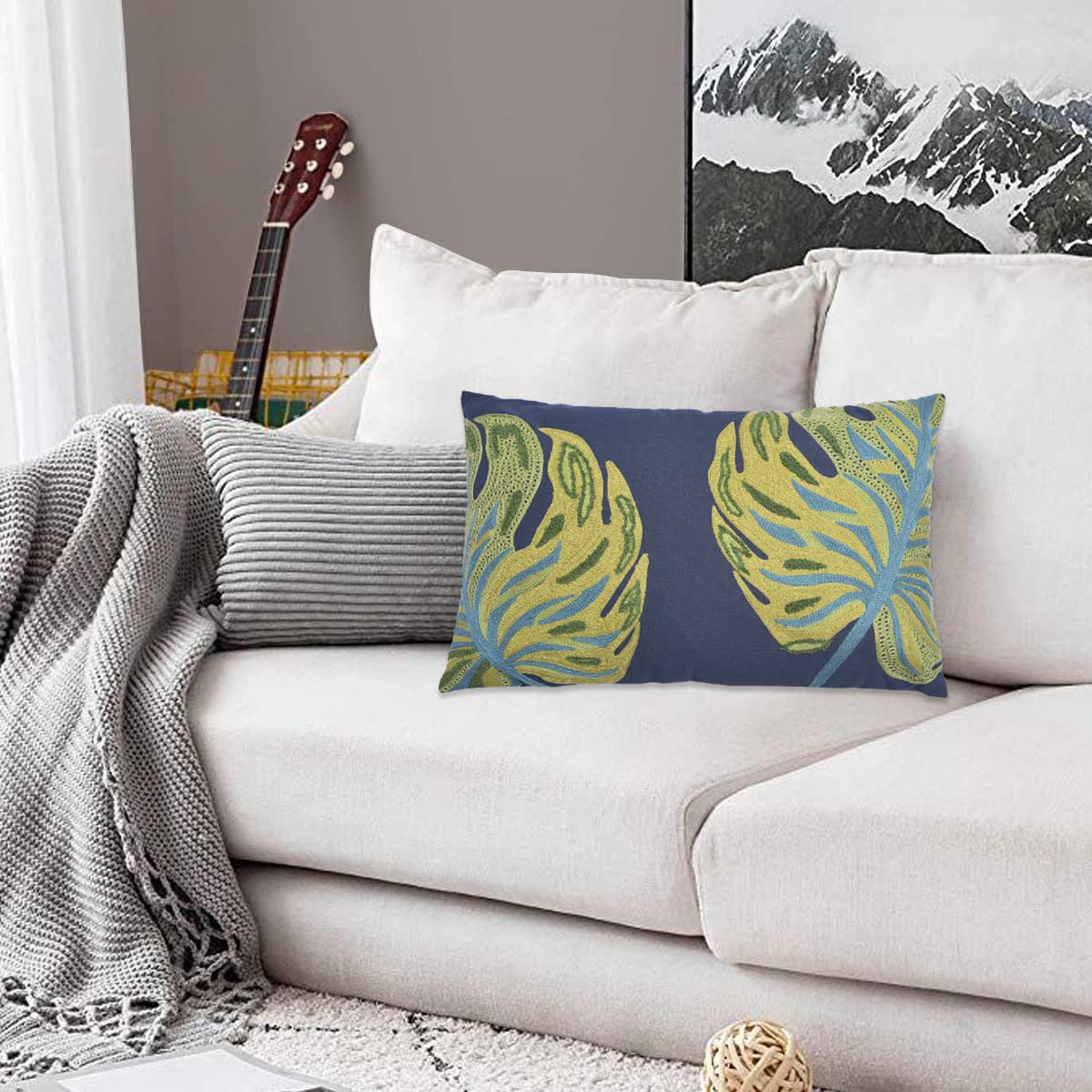 Leaf Printed Pillow Covers - Embroidered Leaf Design 14x20 Throw Pillow Cases