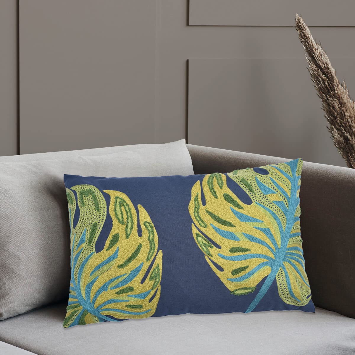 Leaf Printed Pillow Covers - Embroidered Leaf Design 14x20 Throw Pillow Cases