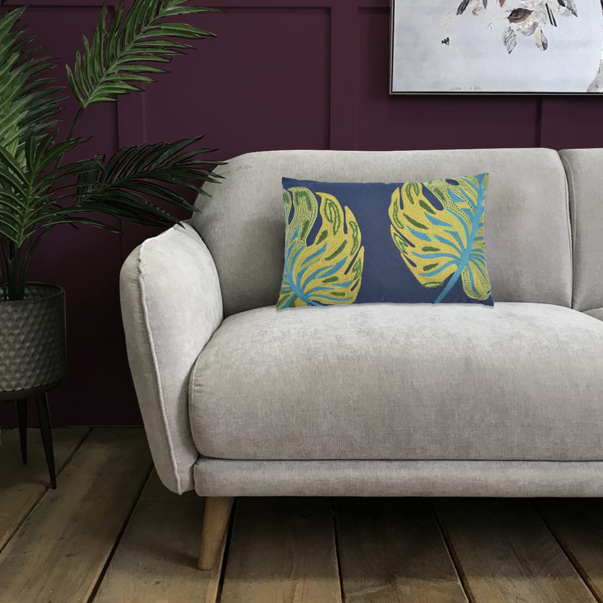 Leaf Printed Pillow Covers - Embroidered Leaf Design 14x20 Throw Pillow Cases