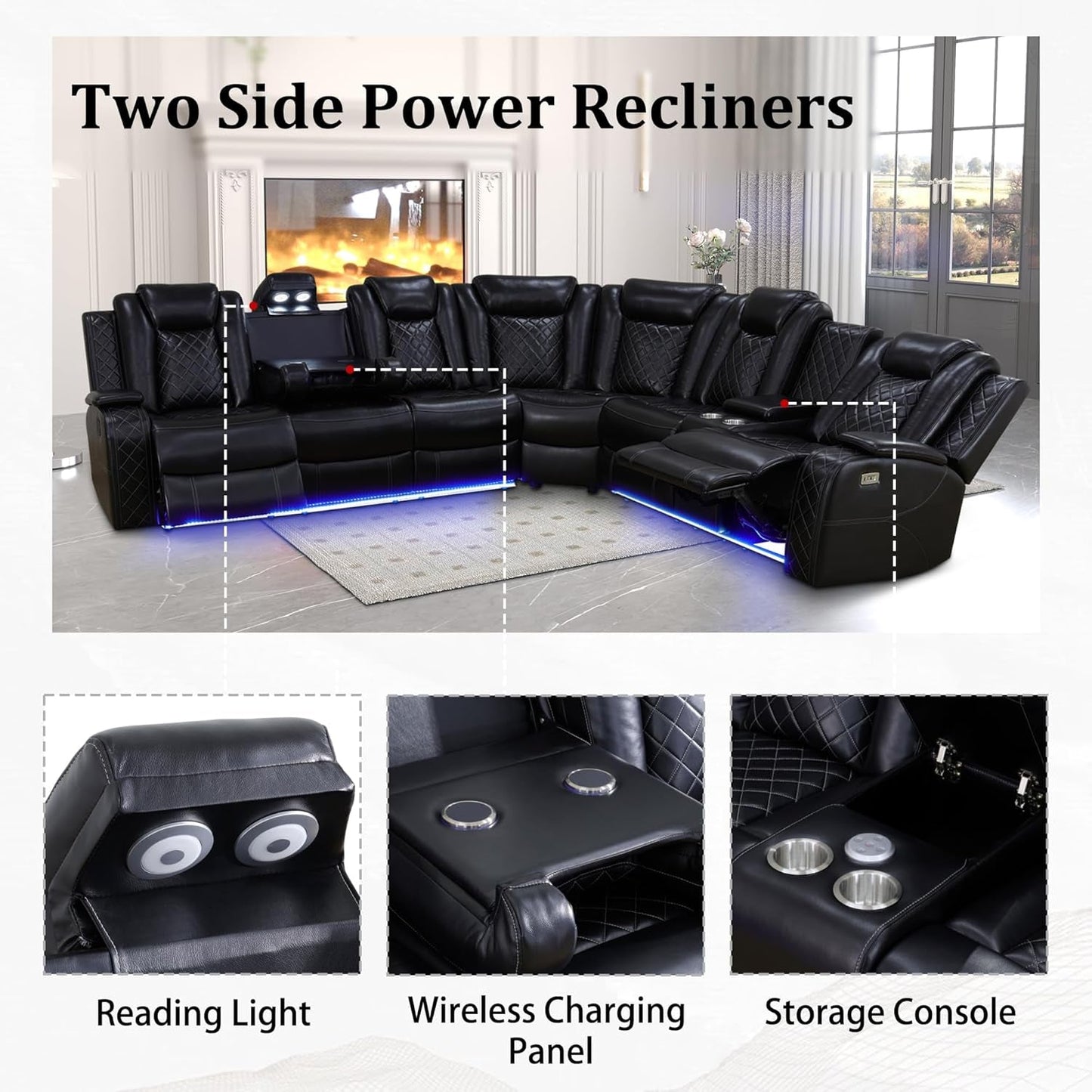 Leather Power Recliner Sectional Sofa with USB Charging